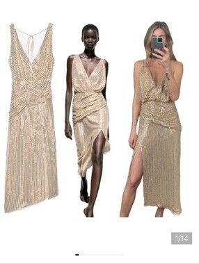NWT Zara Gold Sequin Midi Dress with Side Slit